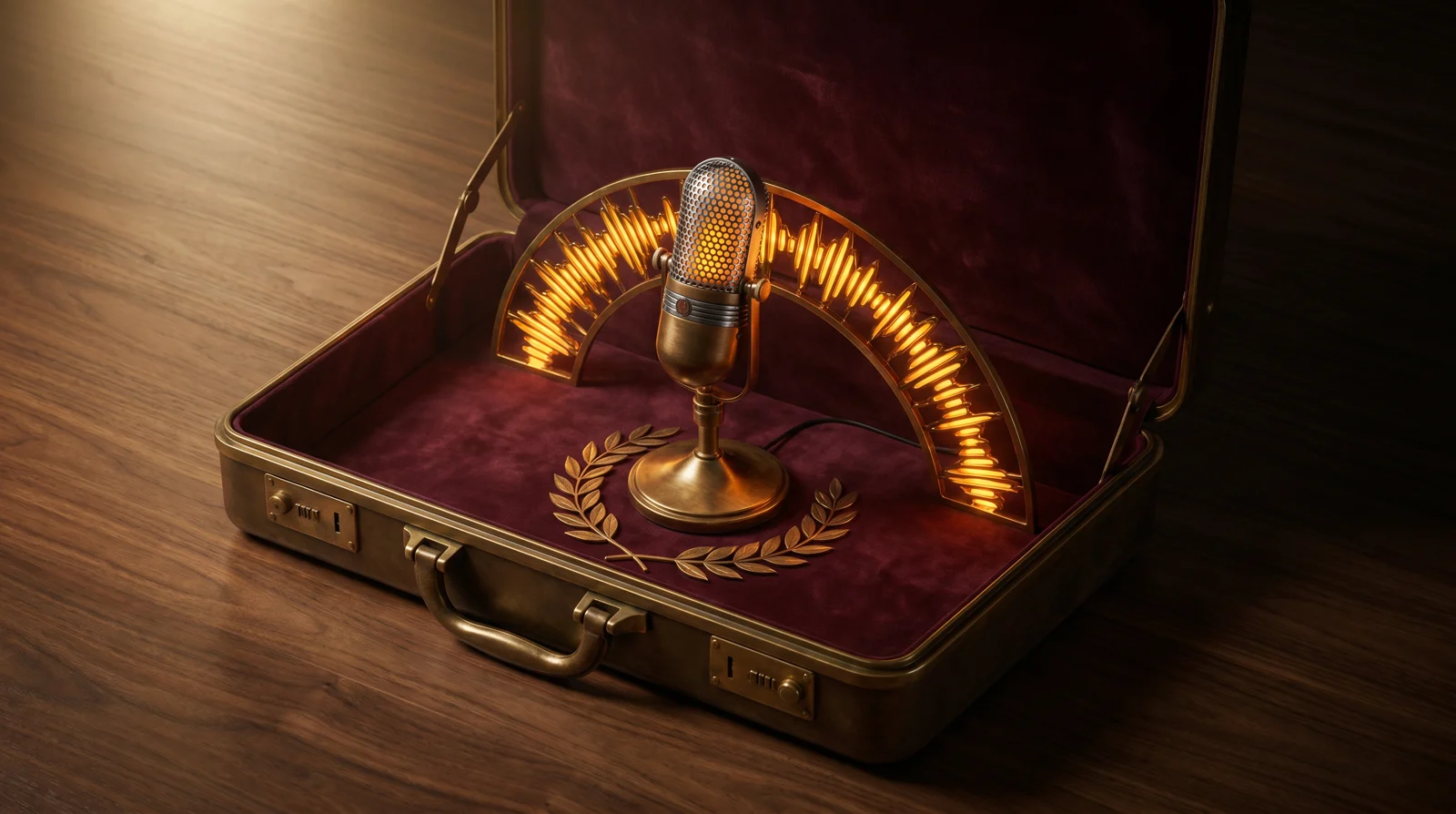 A burnished antique brass executive briefcase lined with burgundy velvet, holding a stately 1950s-style brass broadcast microphone on a desk stand — a glowing amber soundwave arc rendered in brass filigree behind it — a brass laurel sprig laid at the base — media coverage as a curated broadcast.