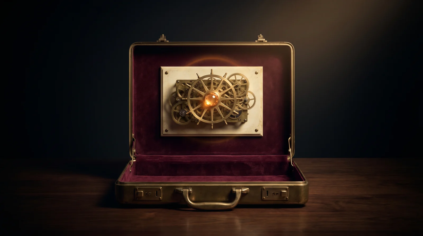 A brass executive briefcase lined with burgundy velvet, holding an antique brass clockwork mechanism with a sun-wheel of gears spinning around a glowing amber crystal core — the operating system inside every Internet Dominators build, framed as a precision instrument.