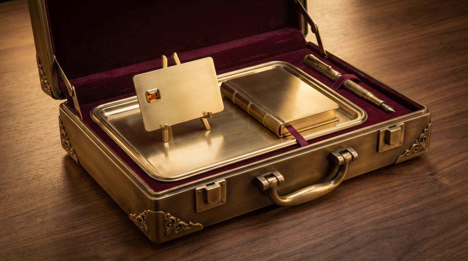 A burnished antique brass executive briefcase lined with burgundy velvet, holding a polished brass card-holder tray with an embossed brass plate card propped on a small stand and an amber gemstone inset where the chip would sit, beside a small brass ledger book with a burgundy ribbon bookmark and a stately brass fountain pen — billing and invoices as a formal ledger.