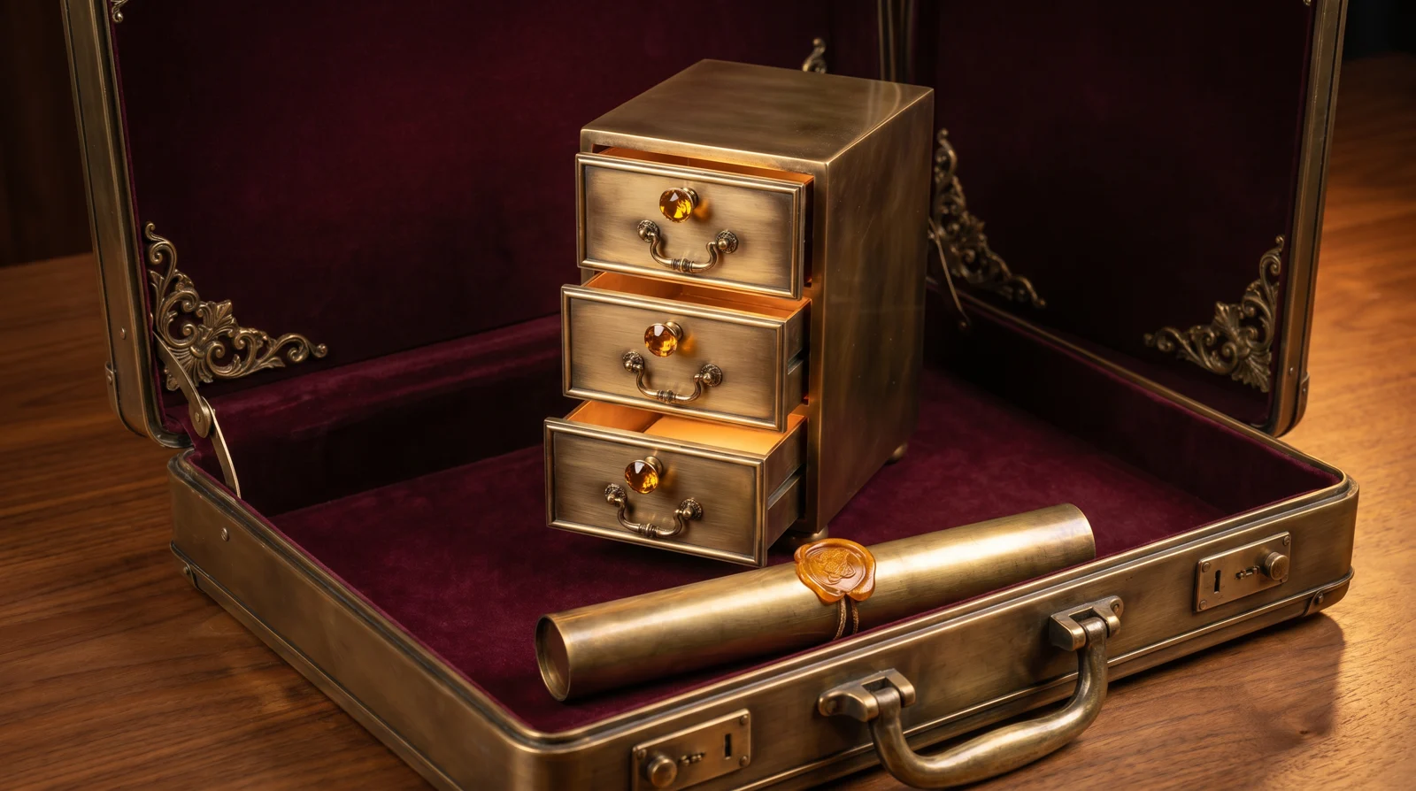 A burnished antique brass executive briefcase lined with burgundy velvet, holding a polished antique brass file-drawer cabinet in miniature with three brass-faced drawers slightly open, each crowned with an amber gemstone knob, and a brass document tube with a wax-sealed amber cap resting in front — FTP access as kept files.