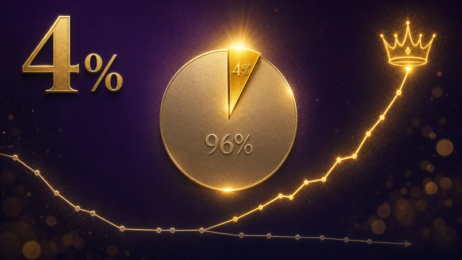 A glowing gold pie chart with a tiny radiant 4% slice and a dim 96% slice on a deep royal purple background — two divergent gold paths beneath, one climbing into a crown silhouette, the other flat-lining.