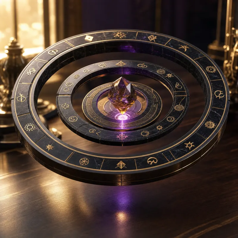 Three concentric obsidian-and-brass rings hovering above a desk, etched with crypto runes and zodiac glyphs, with an amber crystal at the center.
