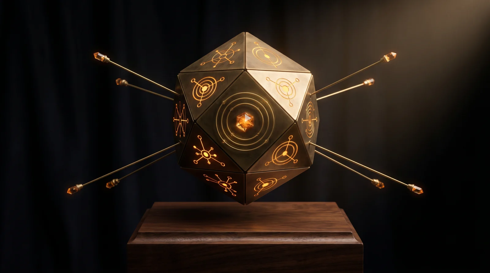 An antique brass octahedron orb with eight faceted faces etched with glowing amber circuit glyphs, suspended in darkness with eight filament beams reaching outward to amber crystal nodes — AI engines recommending the business by name.